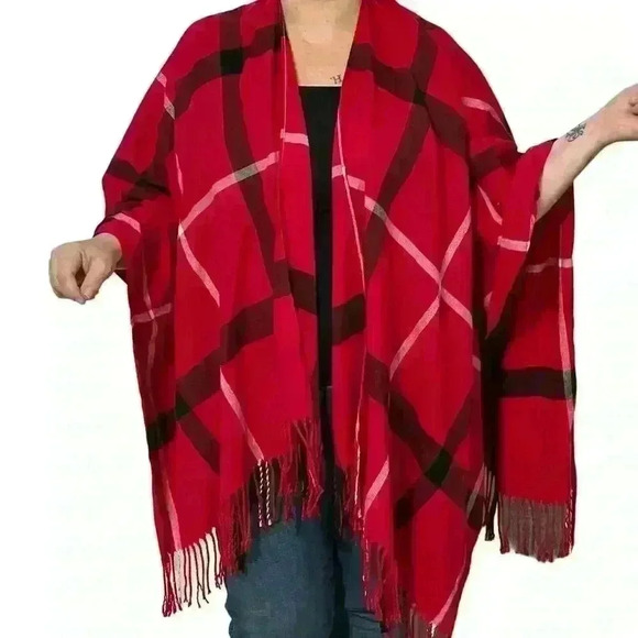 Jessica McClintock Red Plaid Fringe Wrap Shawl Open Front Cardigan One Size - Picture 8 of 8